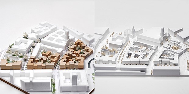 Collage aus zwei Fotos. Beide Fotos zeigen Minatur-Modelle mit Häusern und Straßen