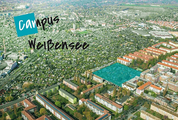 Campus Weißensee / Schrägluftbild mit Markierung des Projektgebiets; Foto: Dirk Laubner