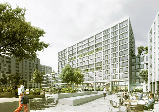 Siegerentwurf für den Gewerberiegel im Quartier Heidestraße - Plaza; Quelle: EM2N Architekten (Zürich)