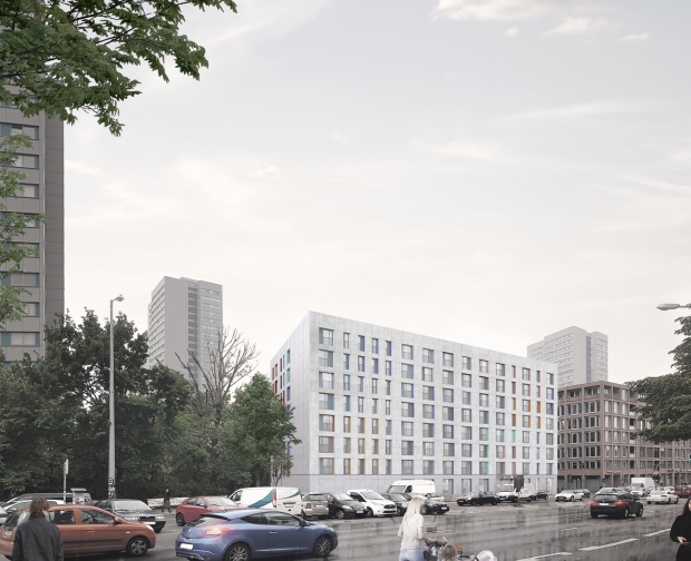 Ansicht des zukünftigen Gebäudes vom Mühlendamm in Richtung Fischerinsel, Rendering: blauraum Architekten