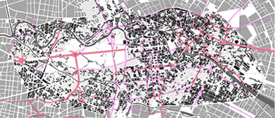 Realisierte (rot) und geplante (lila) Straßendurchbrüche der Nachkriegszeit
