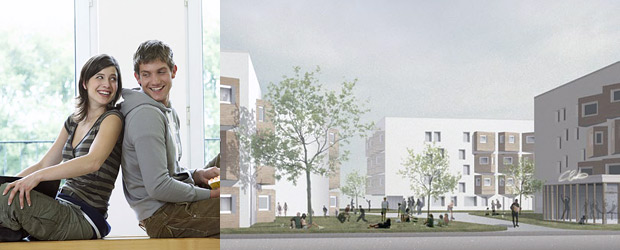 Foto links: © plainpicture/Fancy Images; rechts: Visualisierung Studentendorf Adlershof, <em>© Die Zusammenarbeiter